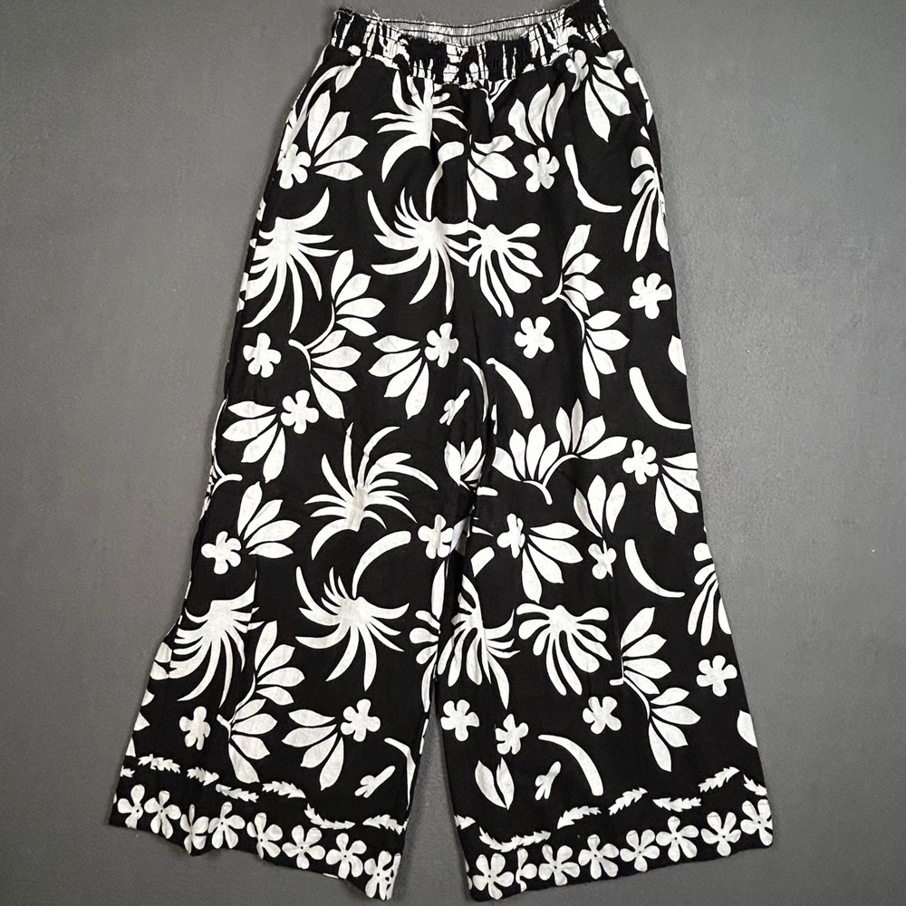 Unbranded Wide Leg Pants Womens M Black White Tropical Floral Linen Relaxed